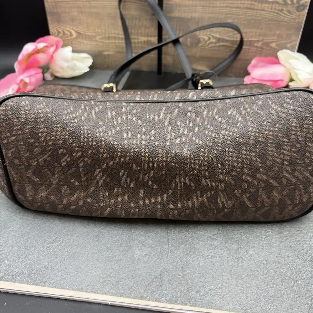 Michael Kors Jet Set Charm Large Brown Black Monogram Tote Bag Shoulder Purse